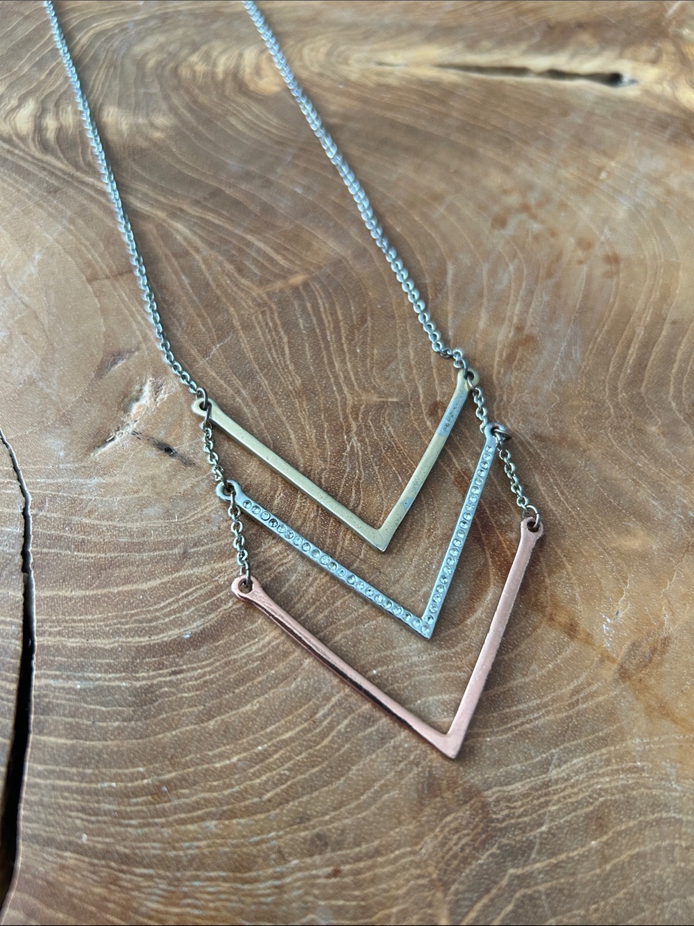 Triple Chevron Layered Necklace - Copper, Gold & Silver
